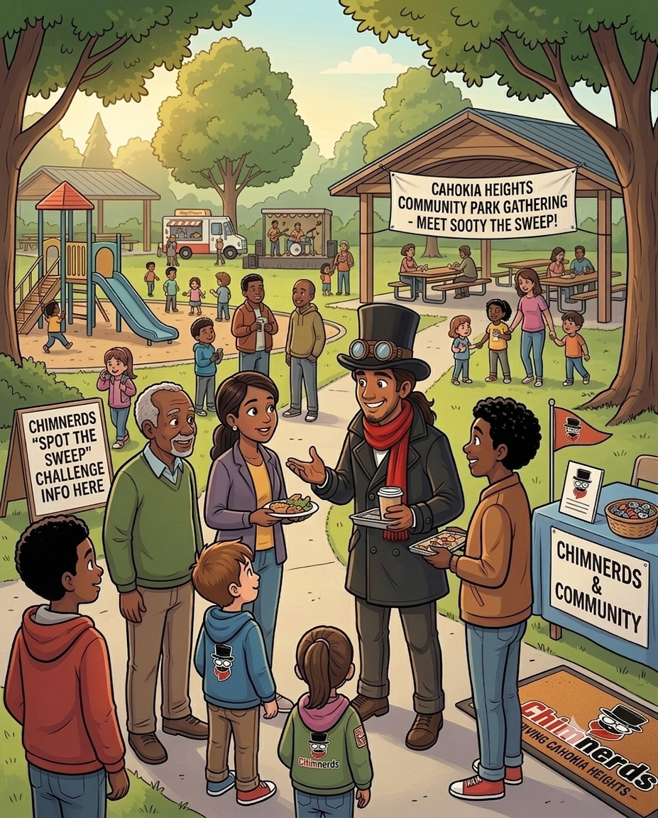 Community gathering at Cahokia Heights Park, featuring children playing, adults talking, a food stand, a live band, picnic tables, and a sign promoting the Chimnerds challenge. Sooty The Sweep.