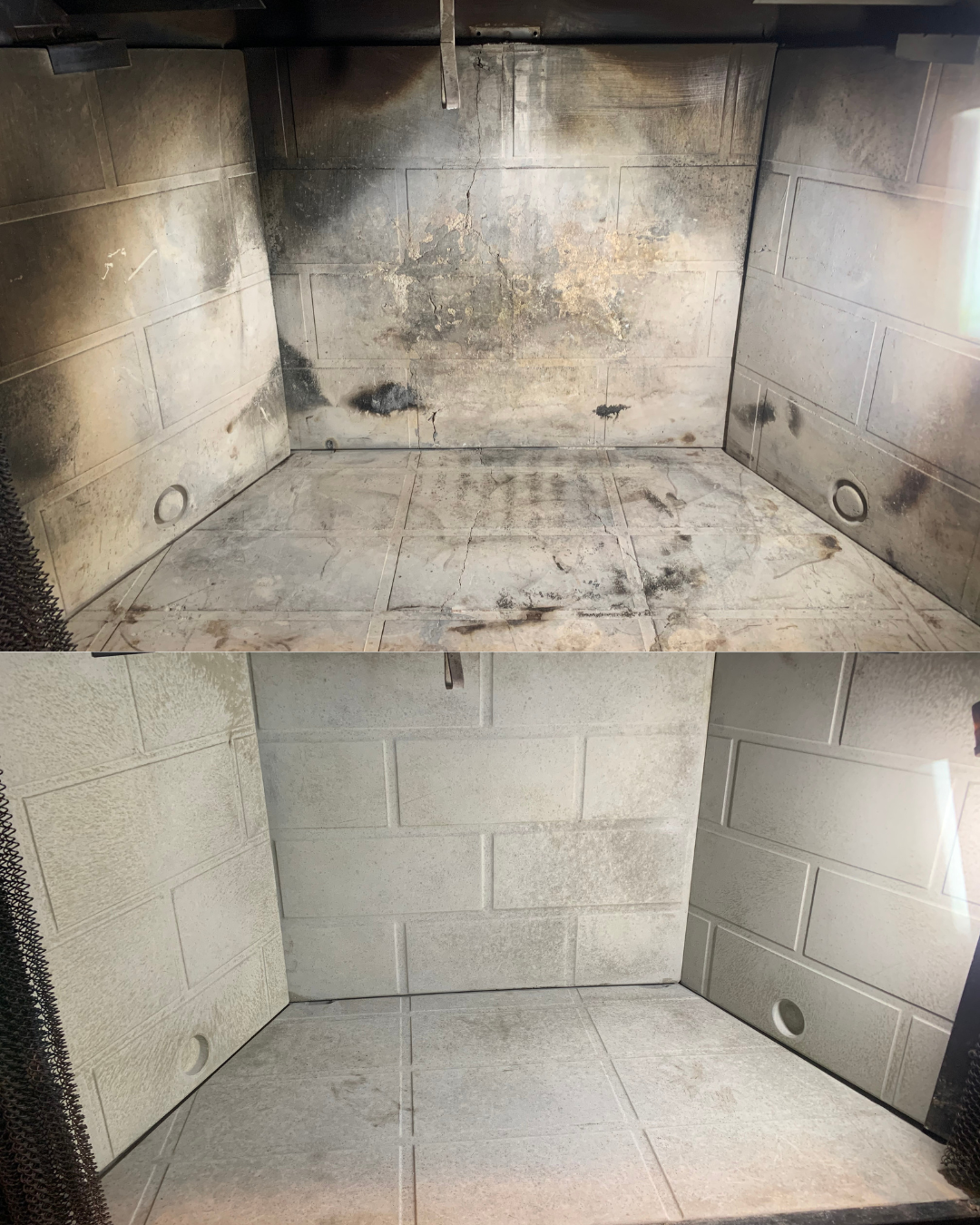 A before and after comparison of a tiled fireplace or oven interior, showing dirt and grime in the top image and a clean, renovated surface in the bottom image.