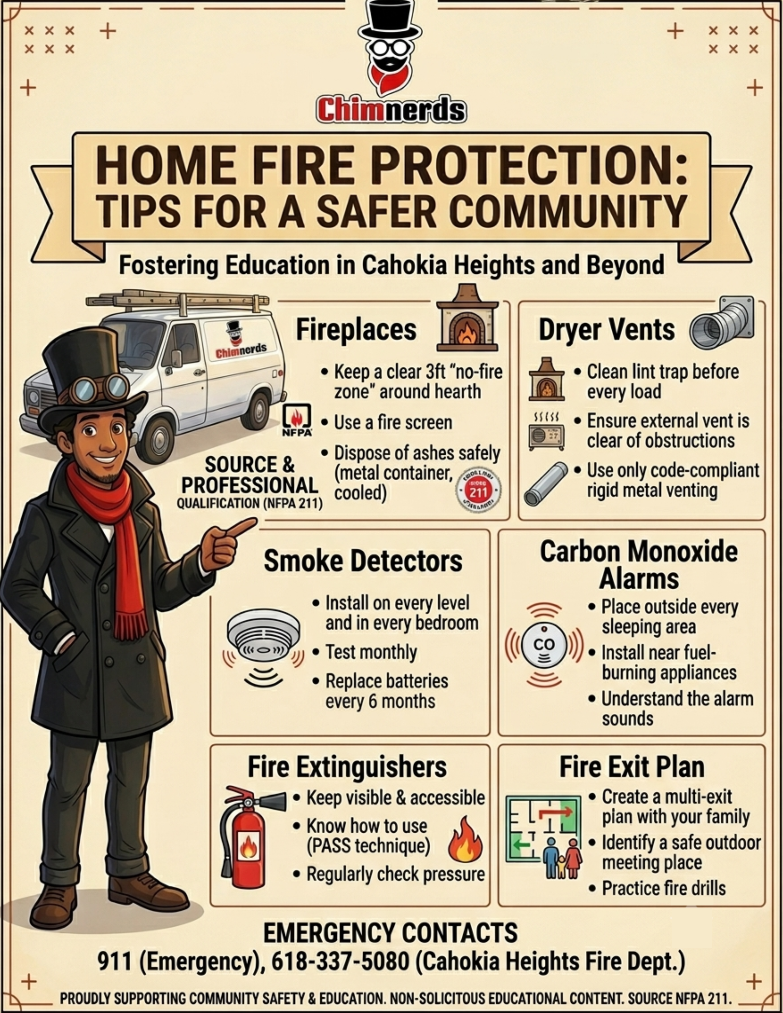 An infographic from Chimnerds about home fire protection tips for a safer community, including fire safety measures for fireplaces, dryer vents, smoke detectors, carbon monoxide alarms, fire extinguishers, and fire escape plans, with illustrations and emergency contact information.