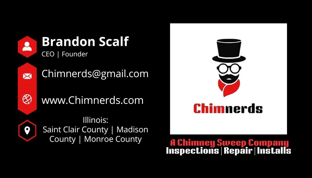 Business card for Chimnerds, a chimney sweep company. The card features a logo of a stylized man with a top hat, glasses, and beard, with the company name in bold red and black text. Contact information includes an email, website, and three Illinois counties served.