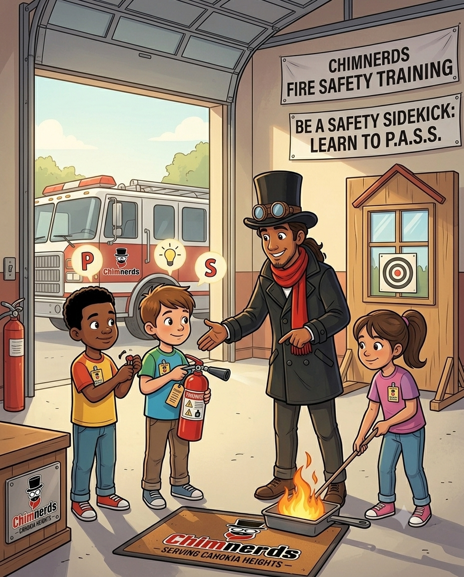 Children participating in a fire safety training session inside a garage, learning to use a fire extinguisher from Sooty The Sweep. The garage has a fire safety poster and a fire truck outside.