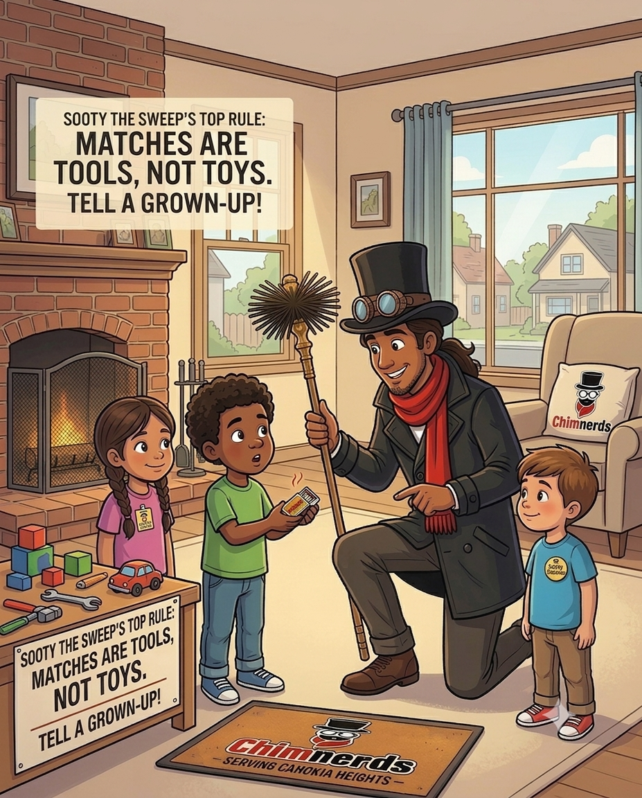 A man dressed as a chimney sweep in a living room with three children, giving a demonstration with a matchstick while holding a broom. The room features a brick fireplace, and a pillow with a chimney sweep logo. Sooty The Sweep.