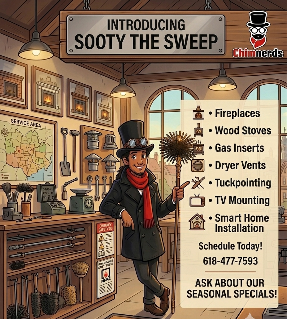 Sooty The Sweep. Signs advertise fireplaces, wood stoves, gas inserts, dryer vents, tuckpointing, TV mounting, smart home installation, and seasonal specials. Store is decorated with tools, fireplace images, and safety signs.