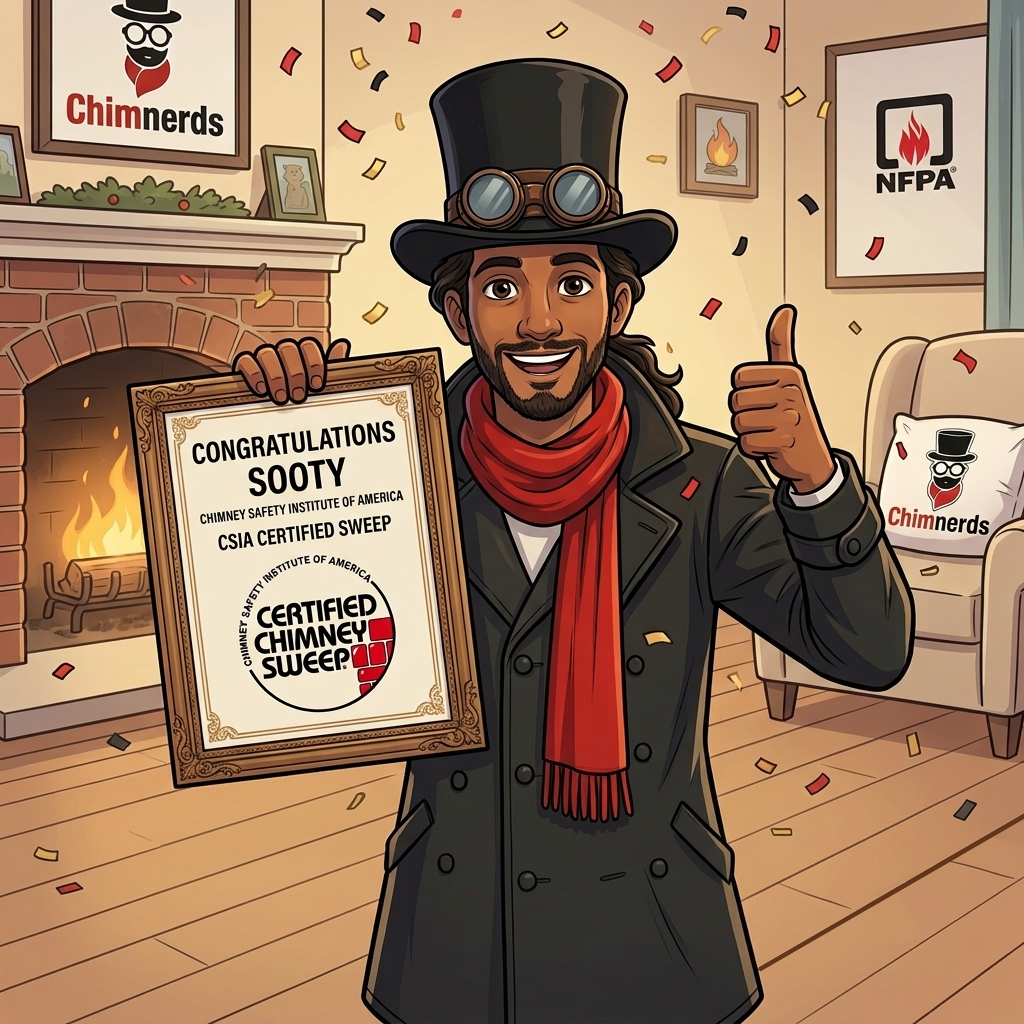 Sooty The Sweep dressed in a black coat, red scarf, and top hat with goggles, smiling and giving a thumbs-up while holding a framed certificate for a certified chimney sweep.