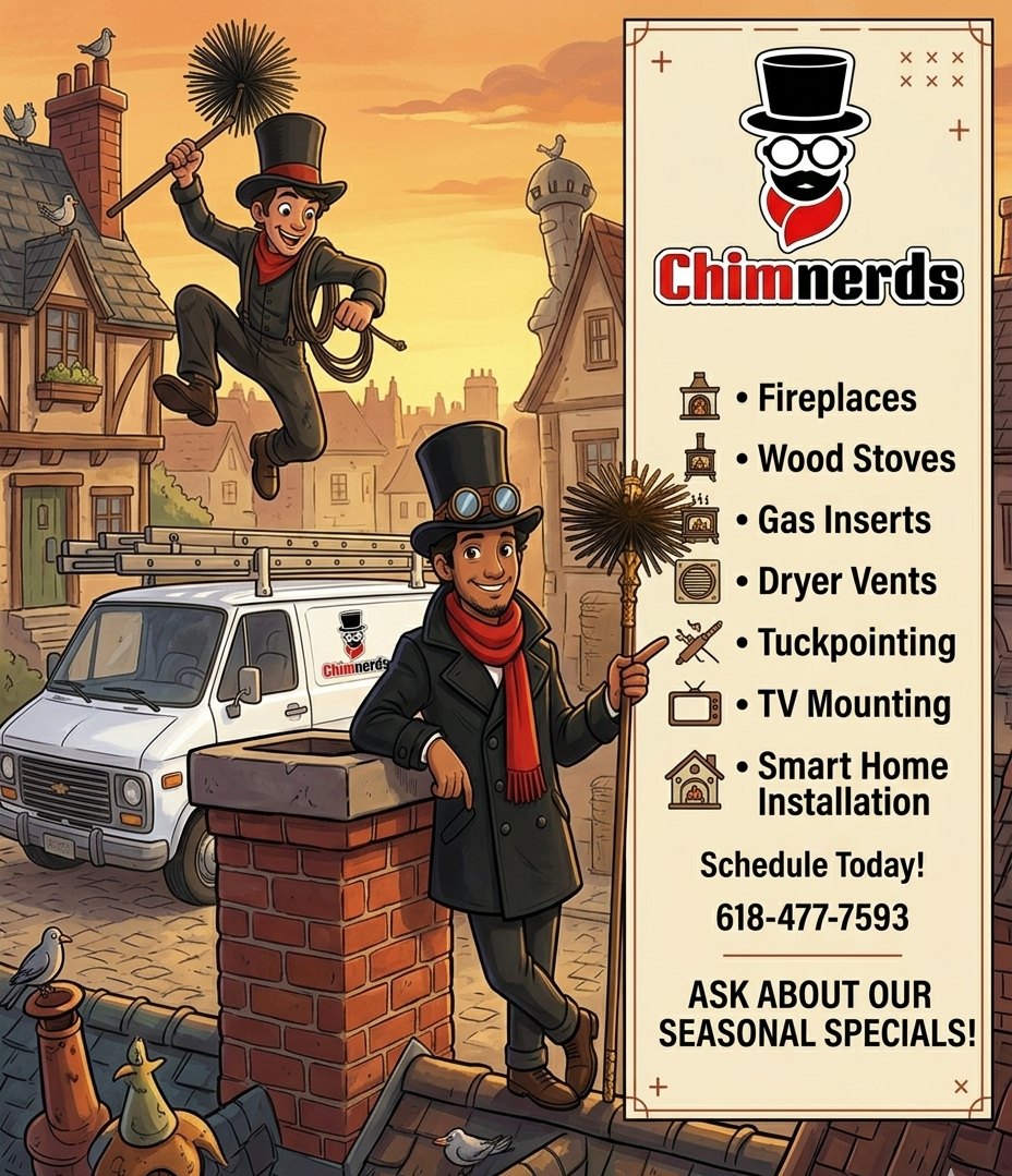 A Chimnerds sign lists services like fireplaces, wood stoves, gas inserts, dryer vents, tuckpointing, TV mounting, and smart home installation, with contact information. Sooty The Sweep with Chimnerds company van in the background.