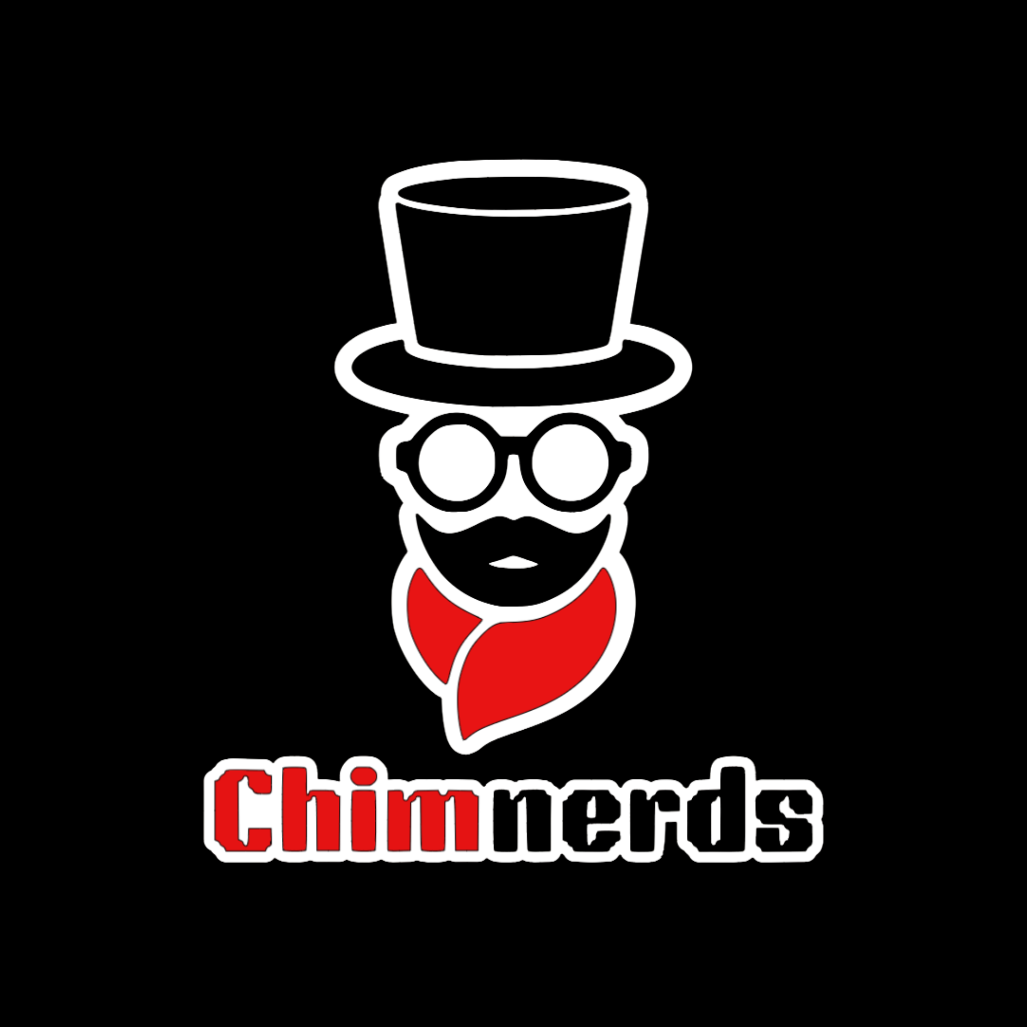 Illustration of a person with glasses, wearing a red scarf, top hat, and beard, with the text 'Chimnerds' underneath. Chimnerds Certified Chimney Sweep Company. Sooty The Sweep Silhouette.