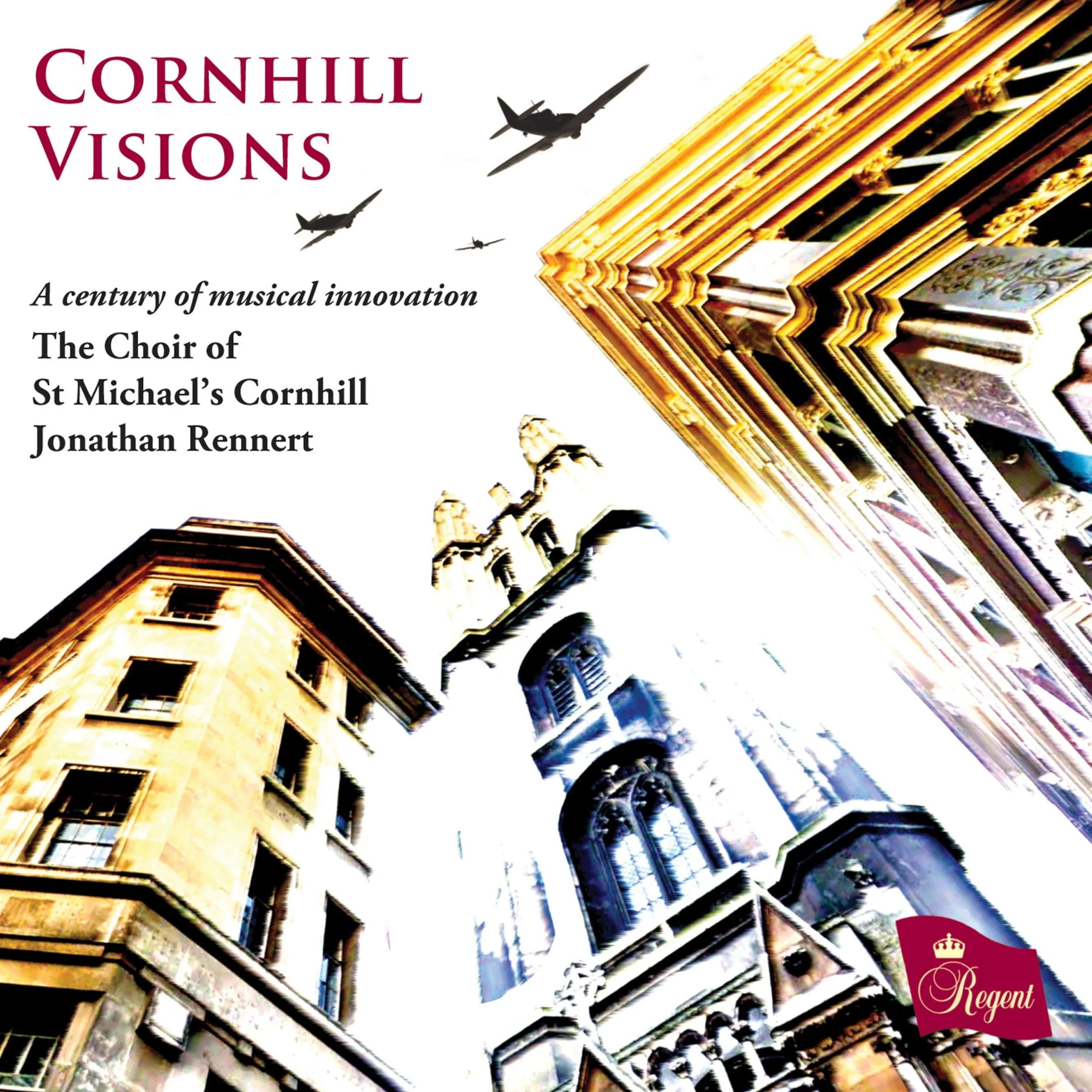 Book cover titled "Cornhill Visions" featuring an upward view of historic buildings with architectural details and airplane illustrations flying in the sky.