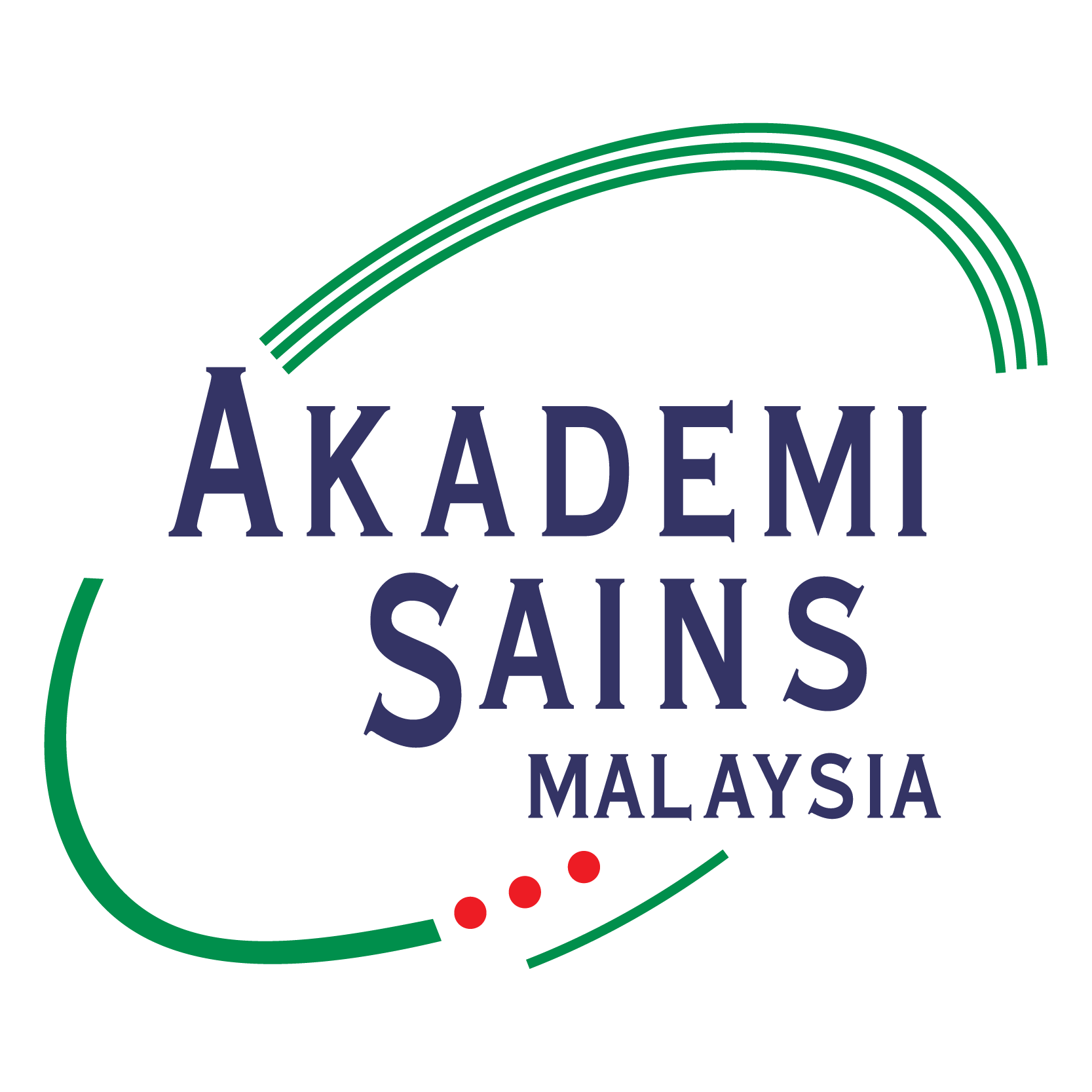 Logo for Akademi Sains Malaysia with stylized green and red elements and blue text.