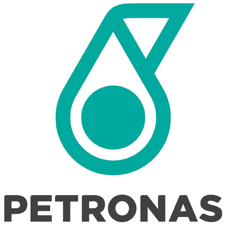 The image shows the Petronas logo, consisting of a stylized teal and white droplet symbol above the word "PETRONAS" in black uppercase letters.