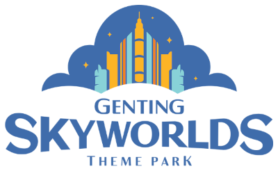 Logo for Genting SkyWorlds Theme Park, featuring stylized blue and orange skyscrapers under a cloudy sky.