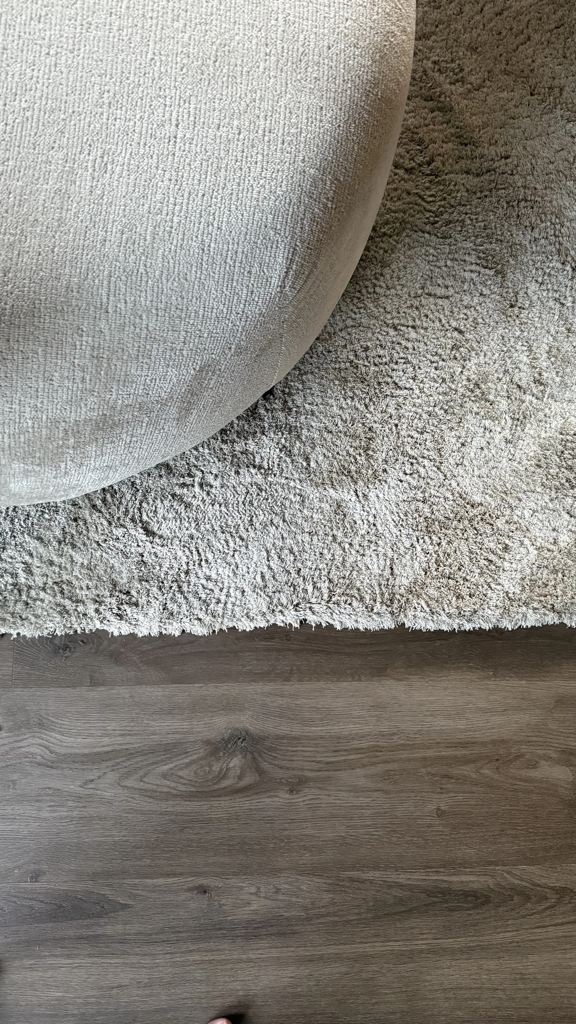 De afbeelding toont het overgangen van een houten vloer naar een tapijtvloer en een gedeelte van een beige bank.