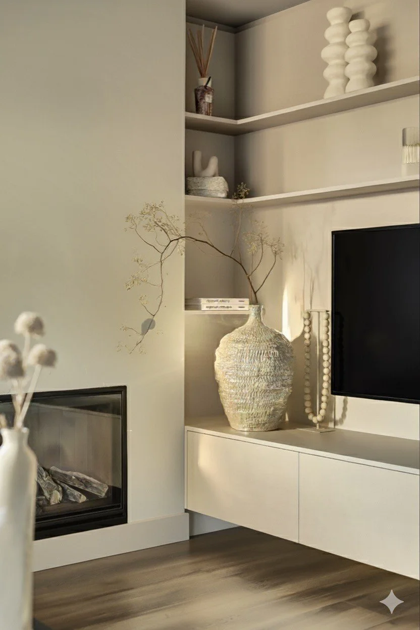 Gestyled tv-wand met decoratie in rustige, neutrale tinten
