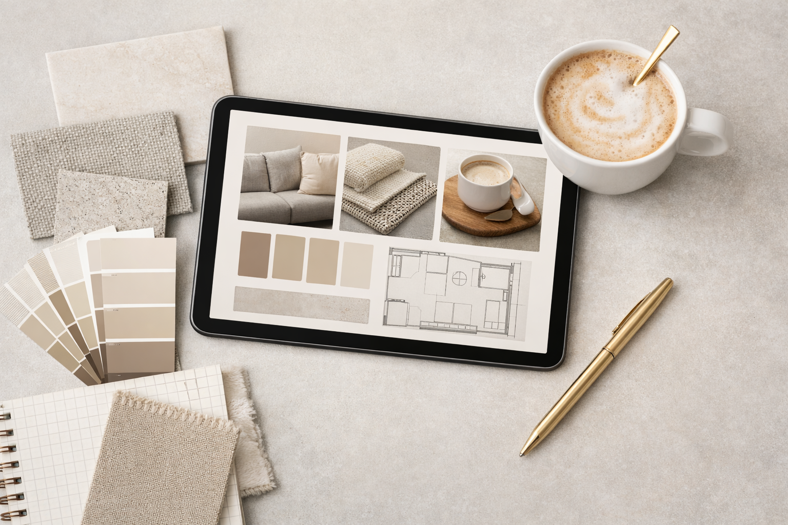 Beeld van een online interieuradvies met moodboard, kleurstalen en materialen voor de Online Styling Scan van TeRegt Design.