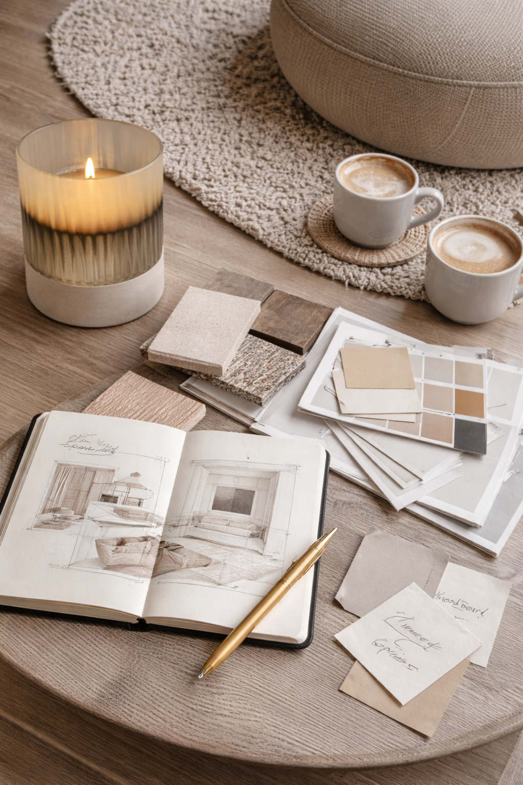 Brainstormsessie aan huis met interieurstalen, kleuren en adviesmateriaal