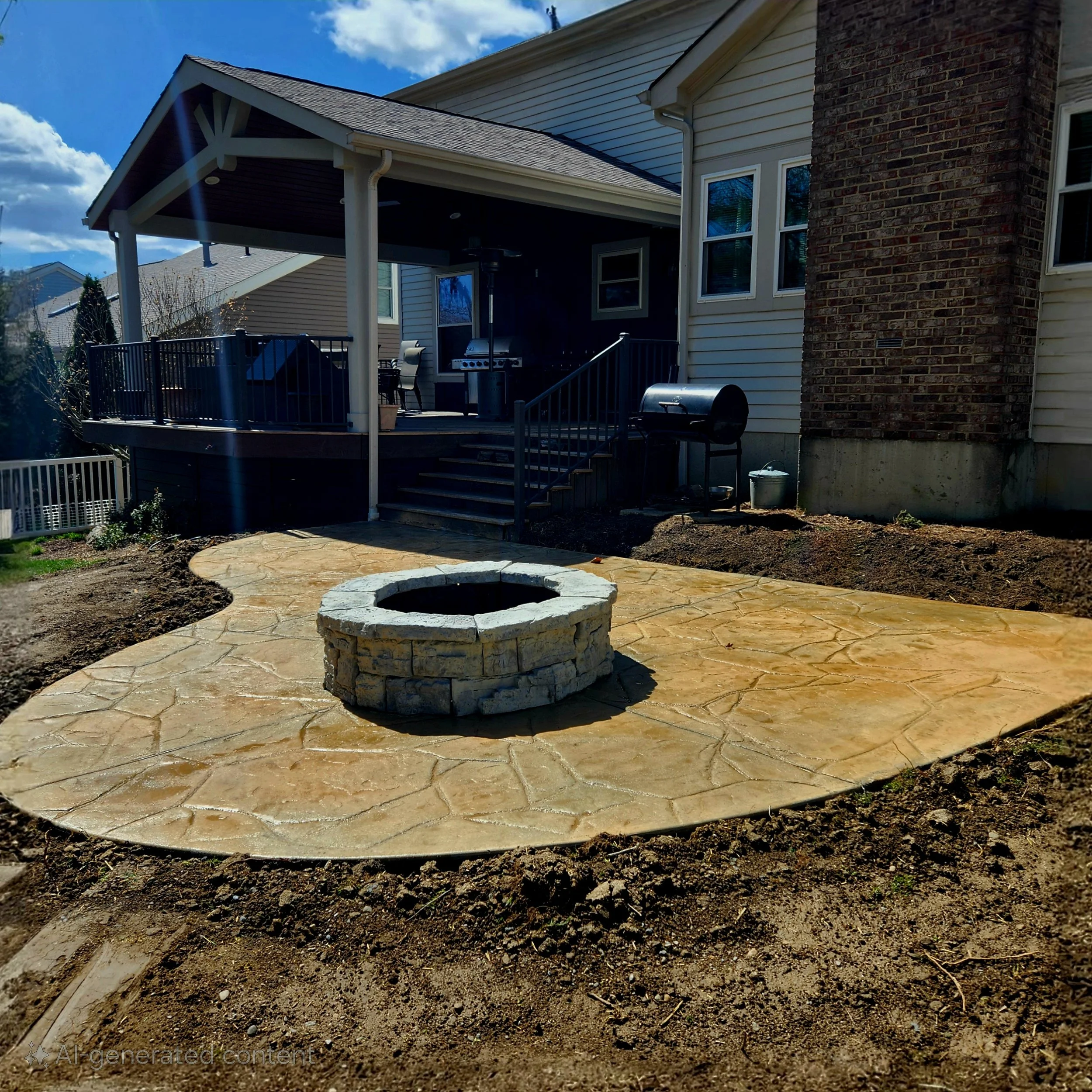 Backyard with newly constructed stone patio, fire pit in the center, deck with barbecue grill and stairs leading to house, under a partly cloudy sky.