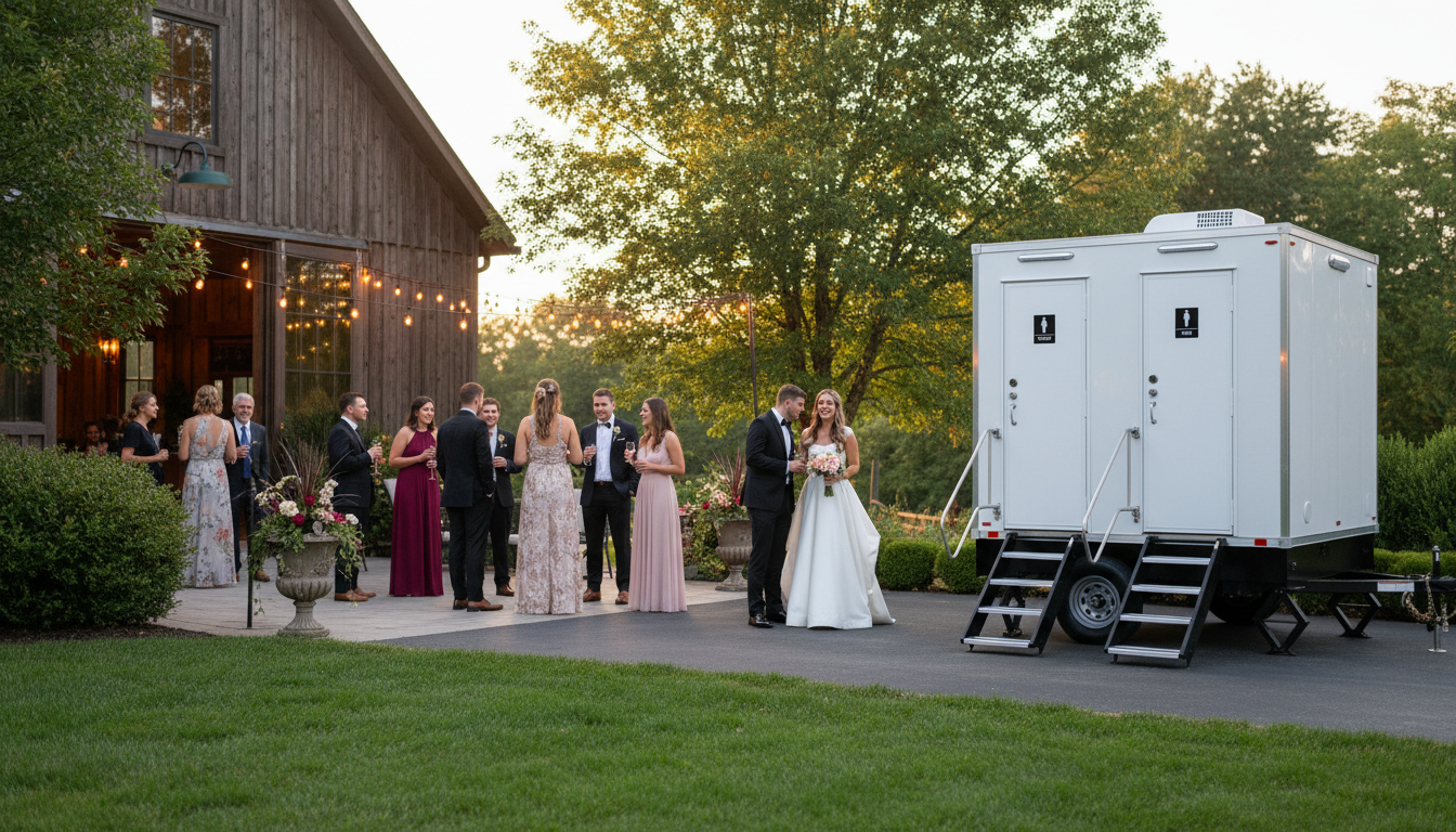 Luxury restroom trailer set up at an outdoor wedding near Owensboro Kentucky serving Evansville Indiana and surrounding areas