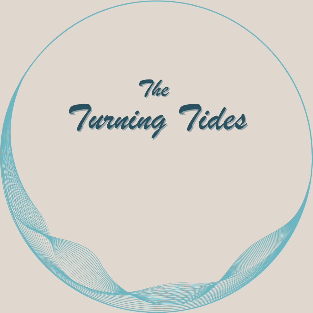 A book cover titled "The Turning Tides" with a beige background and a blue wavy circular design.