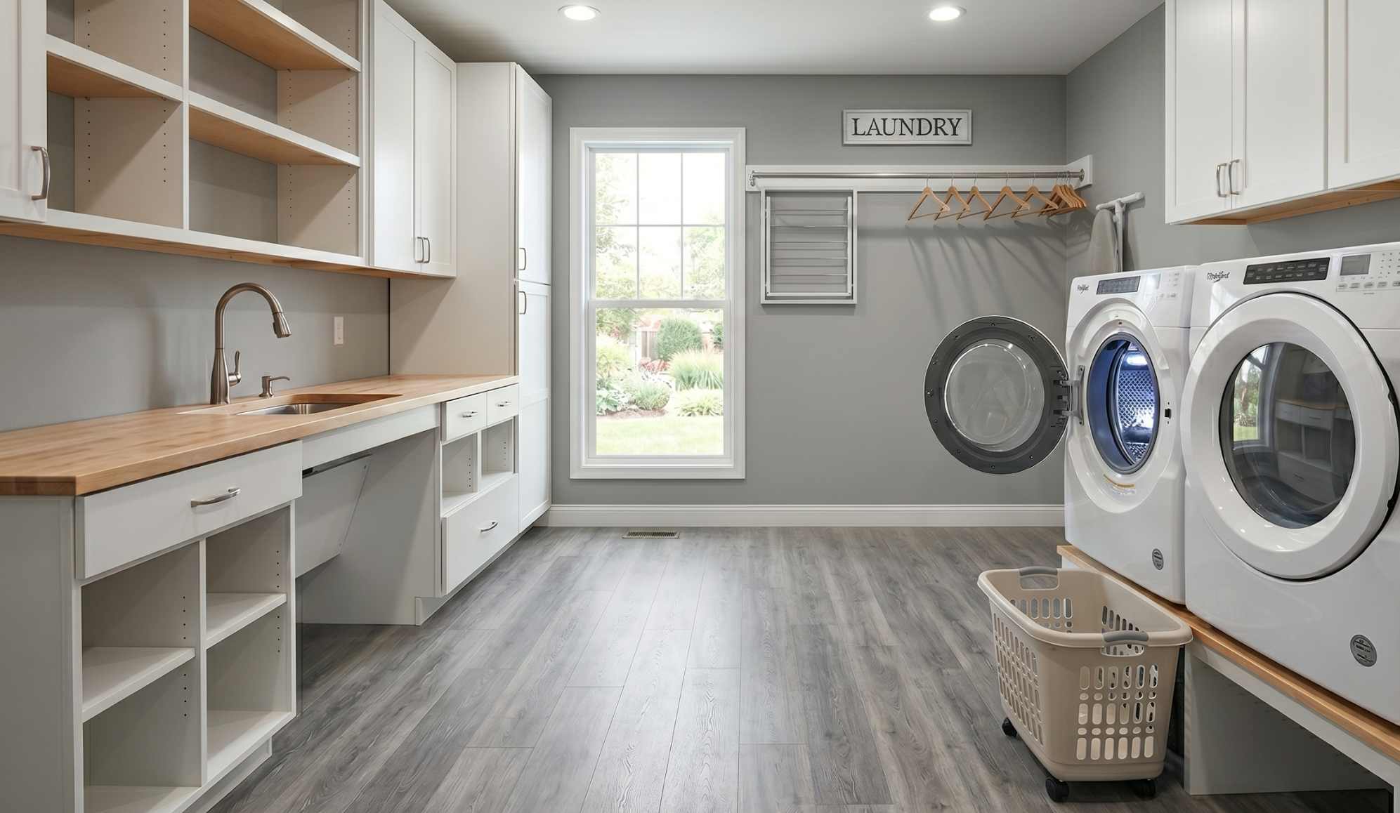 elevated front load laundry and accessible roll under sink and work station