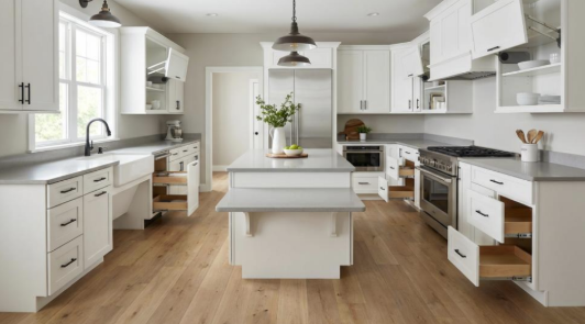 accessible kitchen, roll-under sink, pull out drawers, island