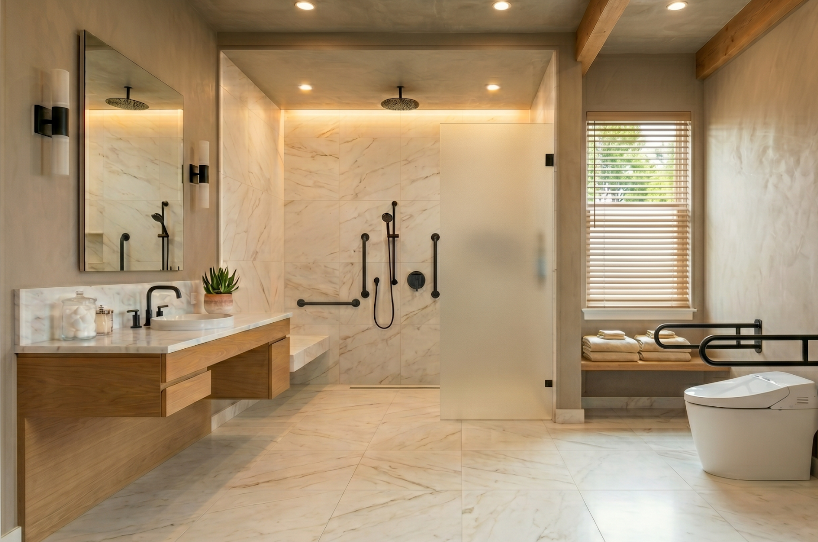 accessible barrier free bathroom with zero threshold shower, roll under vanity sink, toilet, grab bars