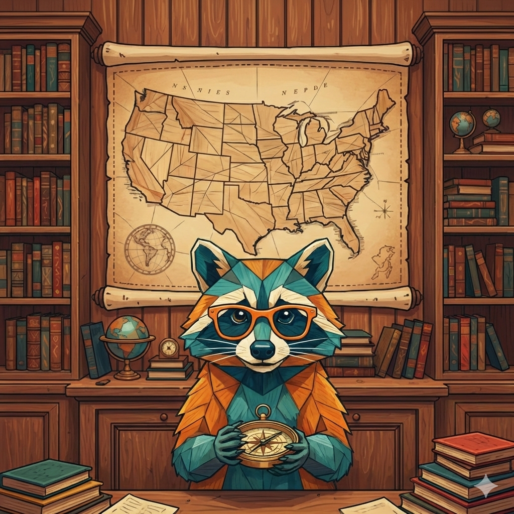 Cartoon fox with glasses holding a compass in a library setting with a map of the United States on the wall behind, surrounded by books, globes, and a clock.