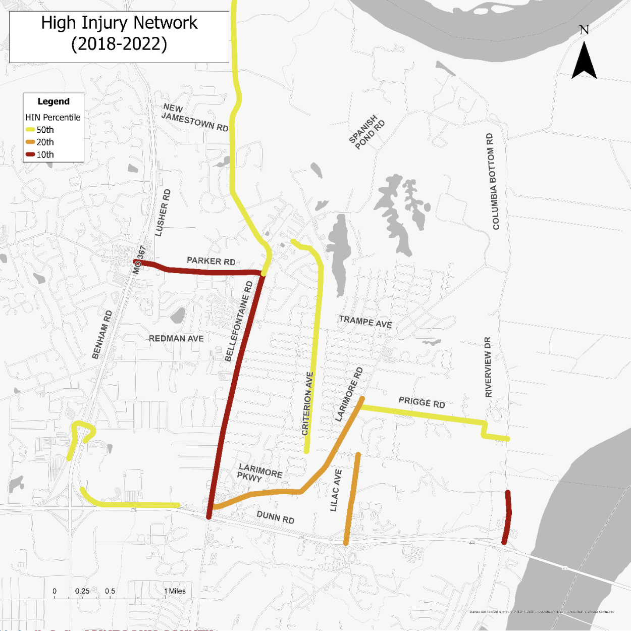 Map of Spanish Lake's High Injury Network (2018–2022), highlighting Parker, Bellefontaine, Larimore, and Riverview roads by crash severity percentile.