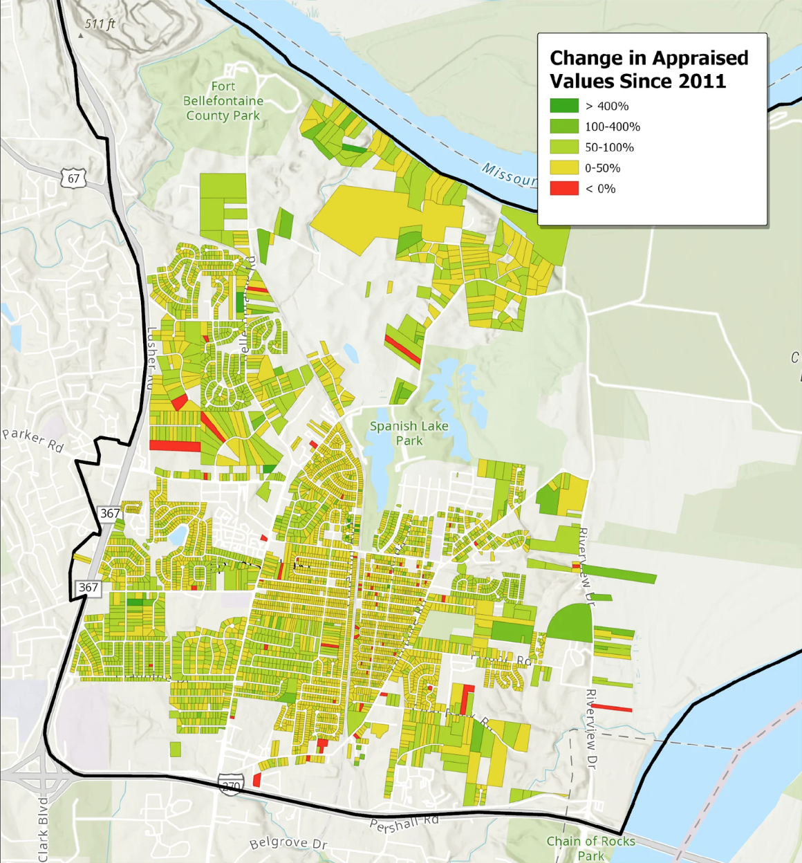 Map of Spanish Lake identifying changes in property values since 2011. Many properties have risen in value, although some remain unchanged.
