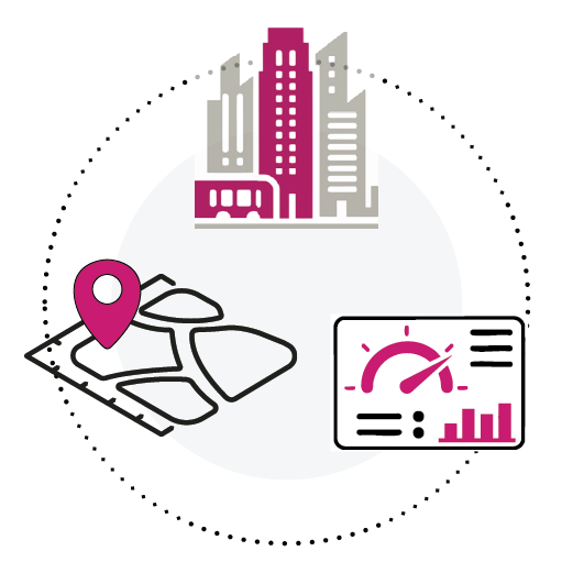 Illustration of city buildings, a map with a location pin, and a speedometer with a bar chart, representing urban analytics or navigation.