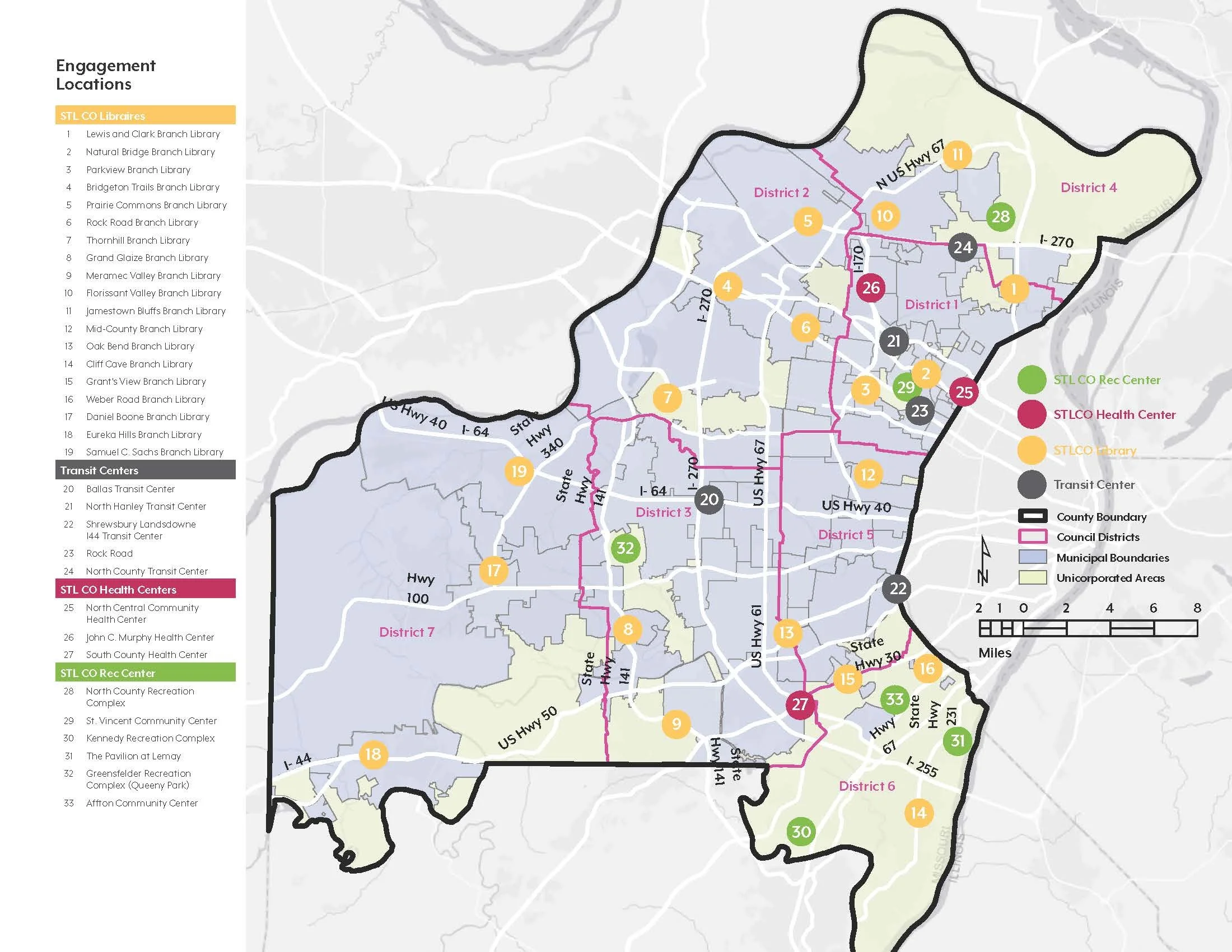 Map of engagement and transit centers in a county, with district boundaries, municipal boundaries, and different colored markers for libraries, health centers, and recreation centers.