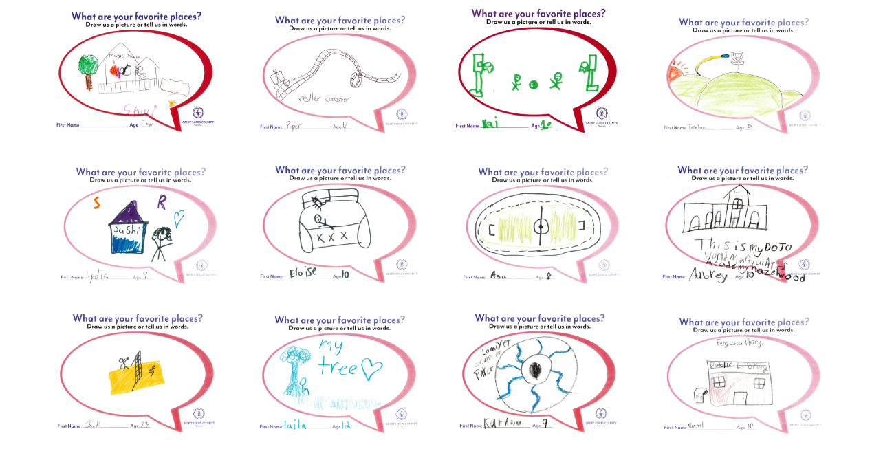 A collage of children's drawings and descriptions of their favorite places, including a music house, roller coaster, basketball court, hill with a lamp, a building labeled 'My Dojo', a temple, a soccer field, a tree, an eye design, and an academic building.