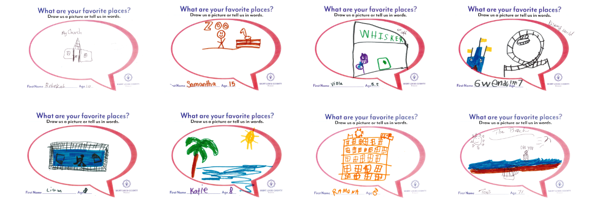 Children's drawings of their favorite places, including a church, zoo, whimsical scene, roller coaster, swimming pool, beach, apartment building, and a lake or ocean, created by children aged 5 to 15.