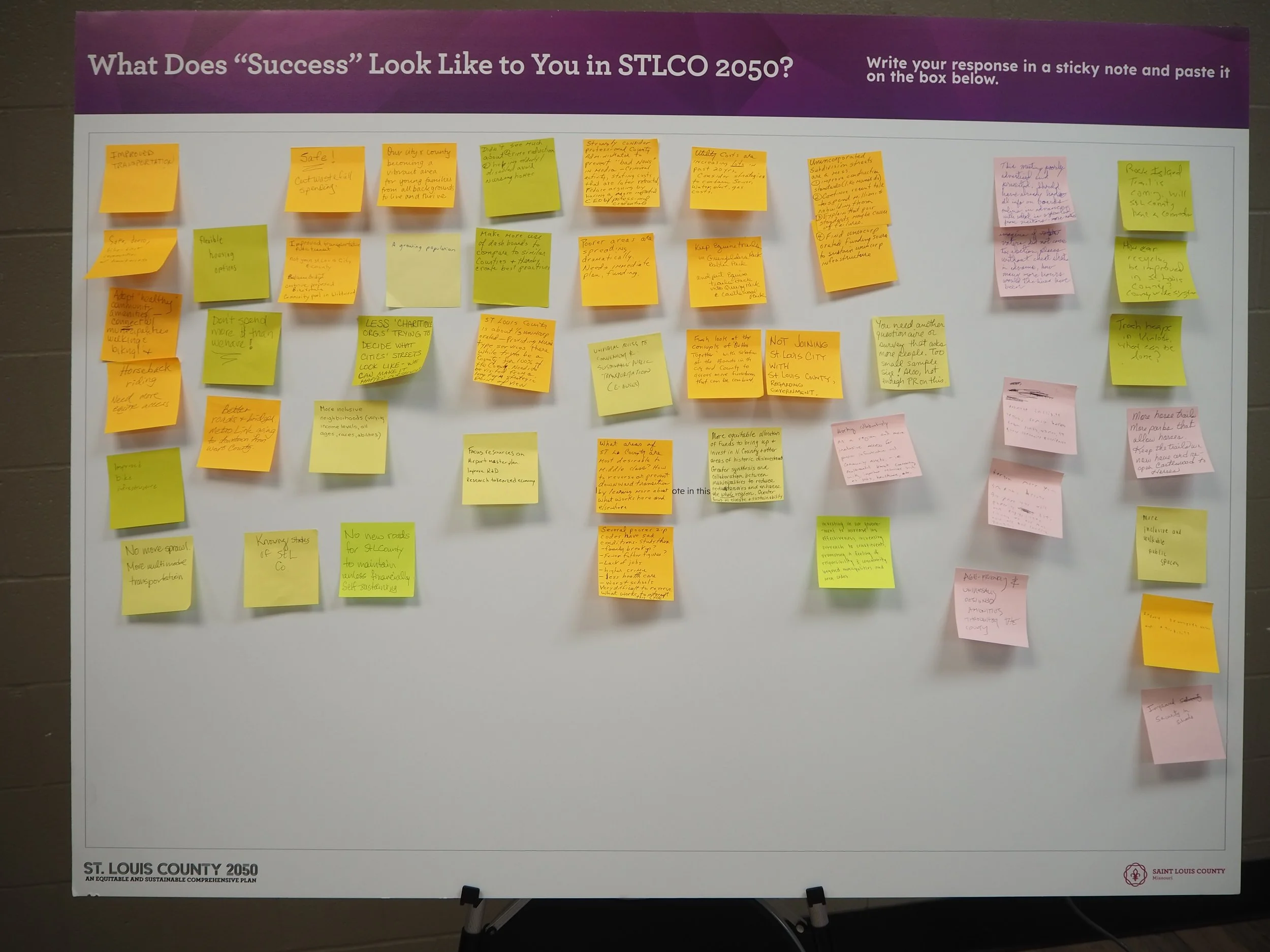 Whiteboard with multiple colorful sticky notes containing handwritten ideas about what success looks like in STLCO 2050, organized in rows and columns, with purple header titled 'What Does