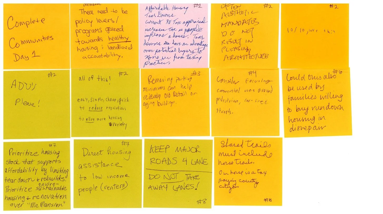 A collection of handwritten notes on yellow, pink, and purple sticky notes discussing housing and community issues, including policy needs, housing types, regulations, redevelopment, pedestrian streets, housing assistance, and community trades.