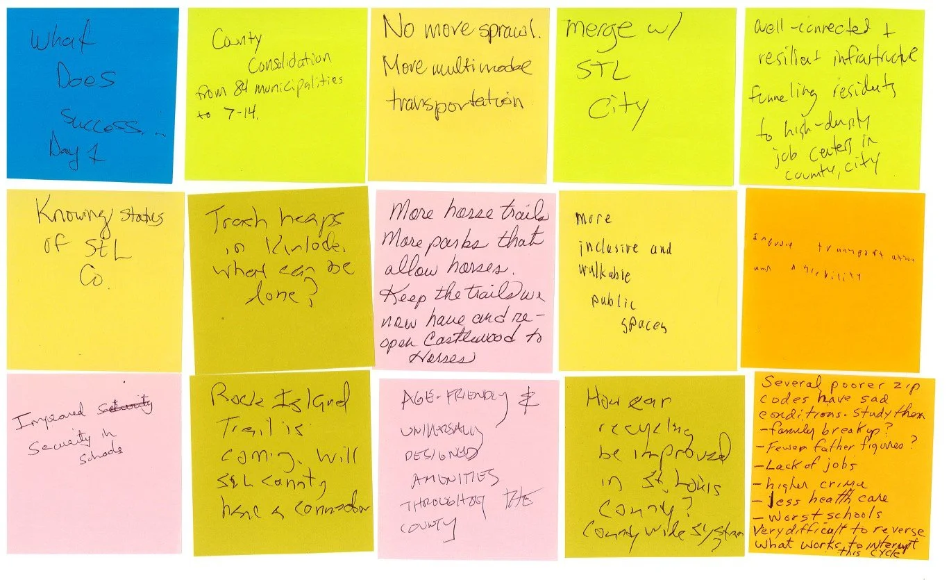 A collection of colorful sticky notes with handwritten notes discussing transportation, infrastructure, and community planning in a county.