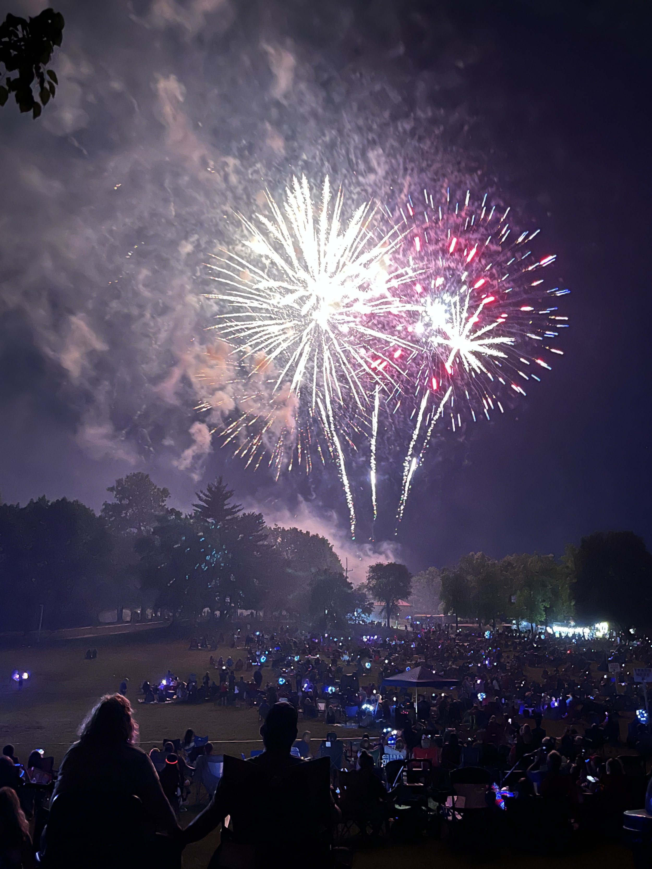 Fireworks light up the night sky during a celebration, with many people seated on the ground watching the display, illuminated by the colorful fireworks.