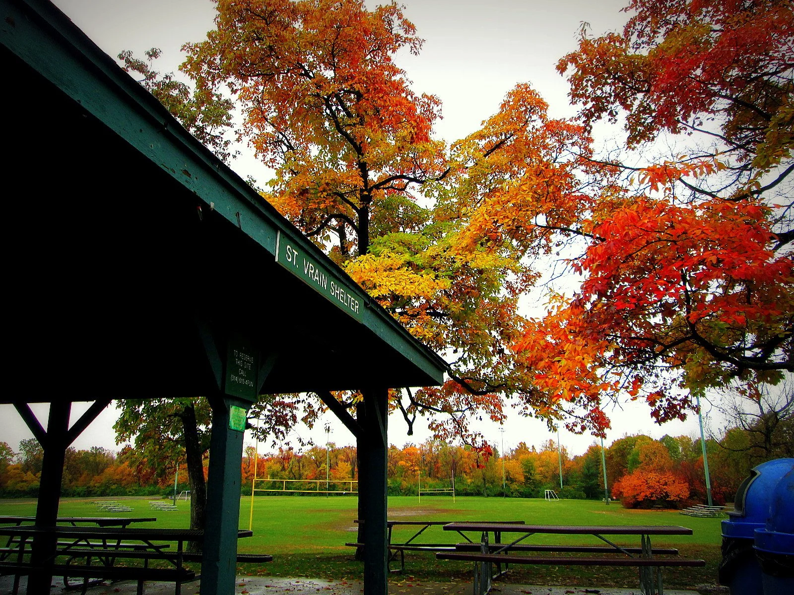 An image of a park shelter with fall foliage in the background.