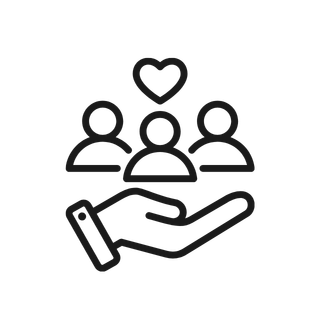 An icon of a hand holding three people with a heart above them, representing care or support for a community or group.