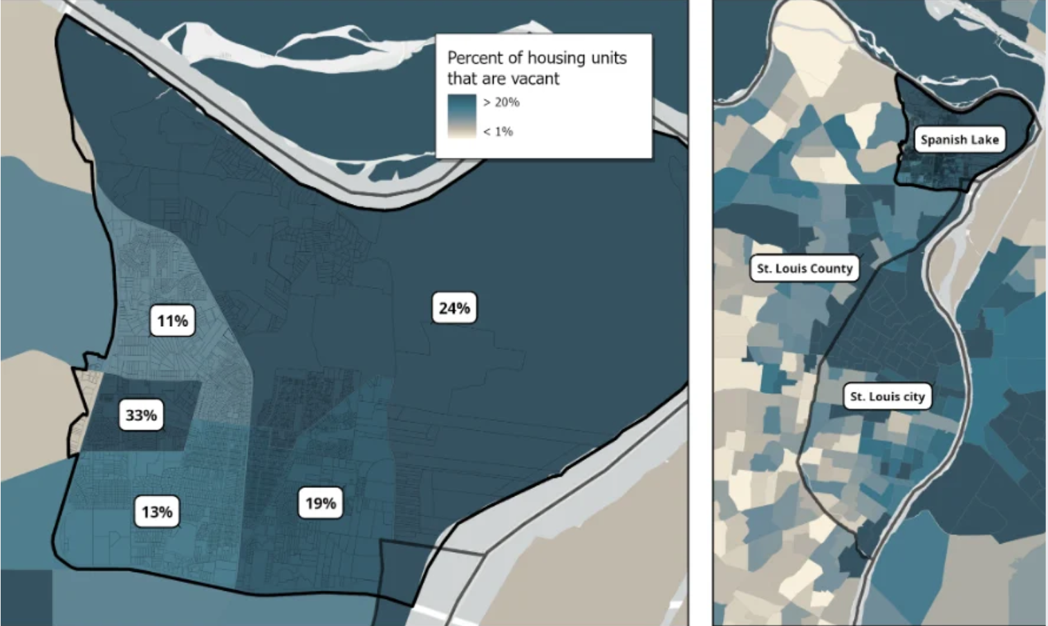 A map of the Spanish Lake study area identifying the percentage of vacant housing units. The data shows that 33% of housing in one section of Spanish Lake is vacant. Other parts of the area also struggle (24%, 19%)