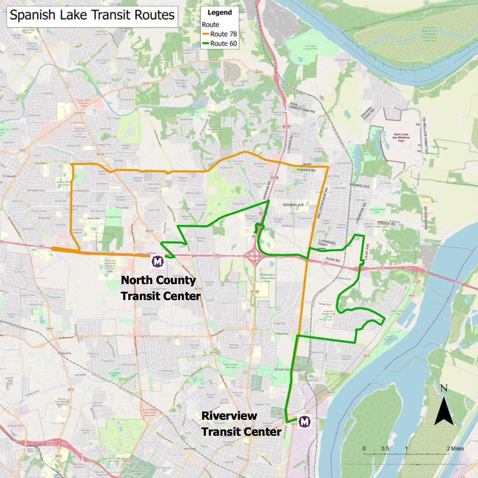 A map with a green line and orange line that denote the two public transit lines that serve Spanish Lake (Route 78 and Route 60)
