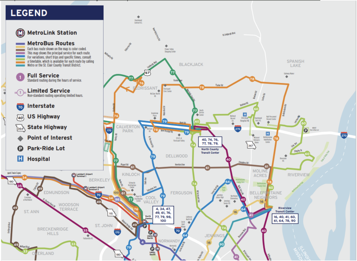 St. Louis Metro system map showing limited transit service reaching only the southern portion of Spanish Lake.