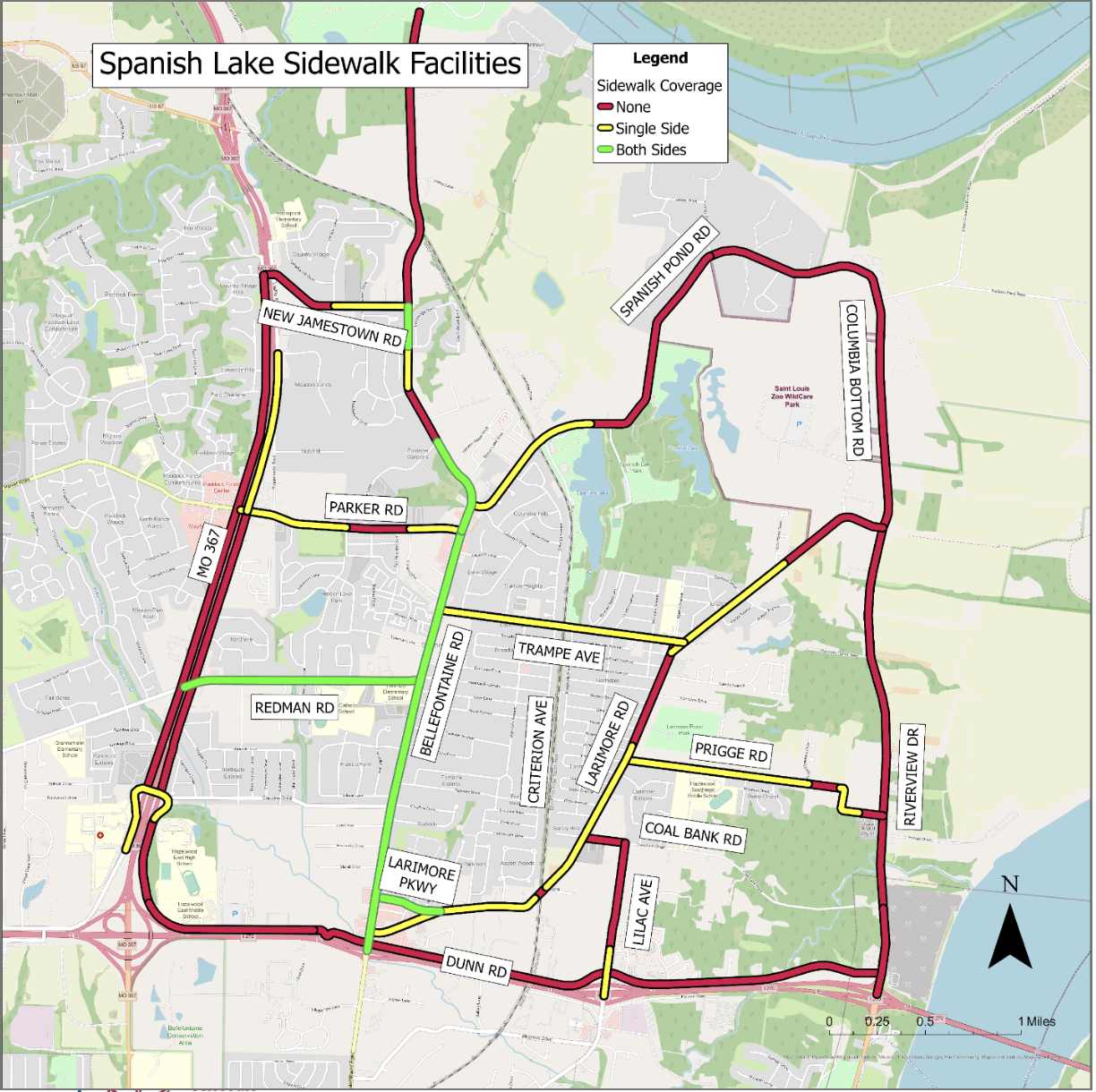 Map of Spanish Lake showing existing sidewalk network in pink, highlighting gaps and limited connectivity across the community. There is a notable lack of sidewalk facilities throughout the community.