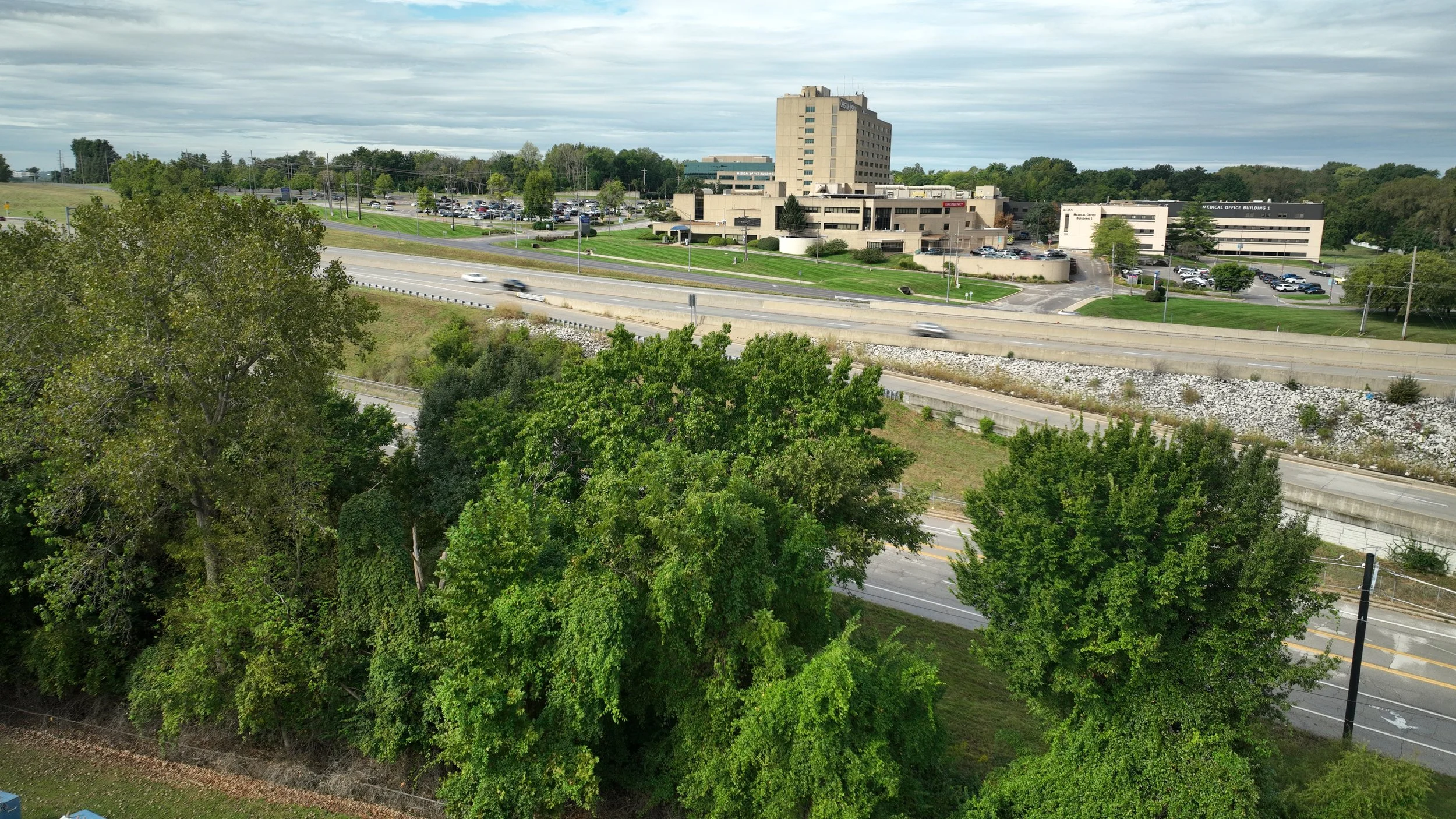 Aerial image of Christian Hospital from across highway