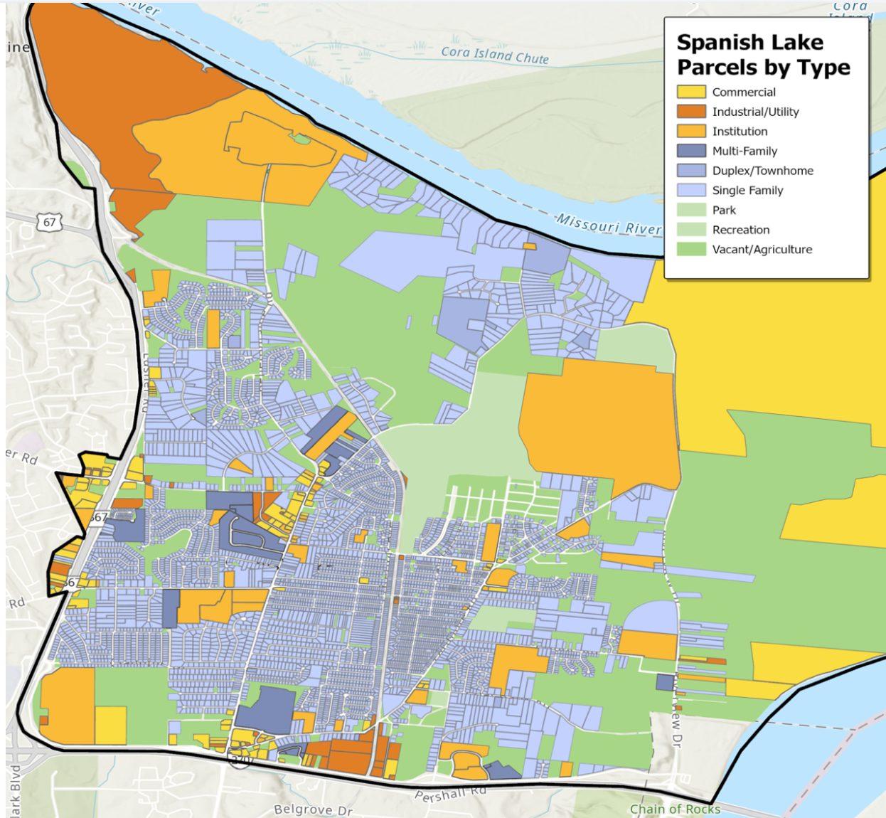 Map of Spanish Lake detailing types of vacant properties. Single family, duplex, and multi-family are the most popular.