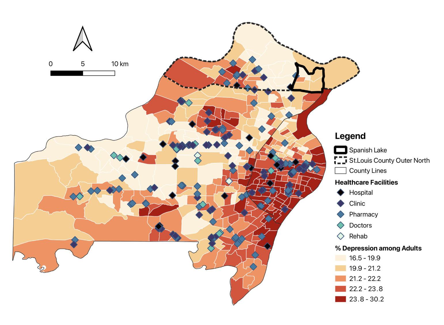 Map of Spanish Lake showing two healthcare facilities bordering the area. Depression rates range from 16.5-22.2%.