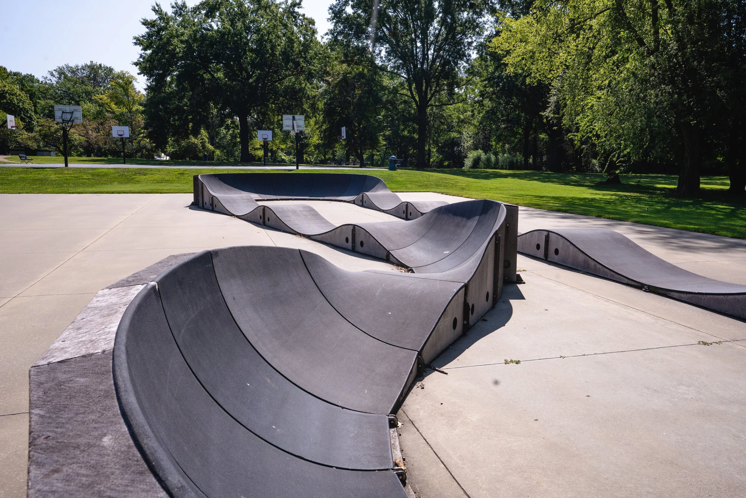 A photo of a skateboard ramp at Larimore Park