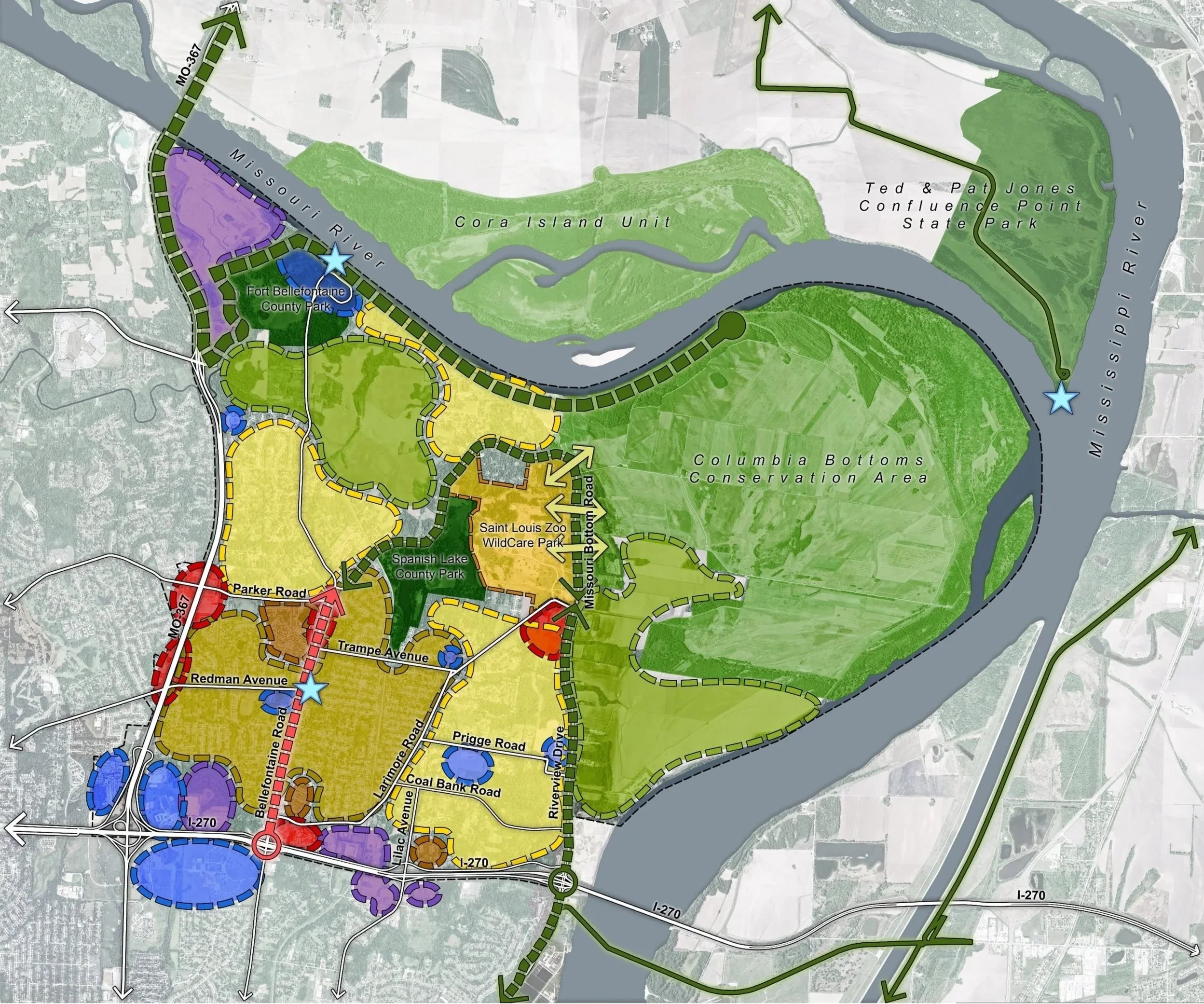 A map of Spanish Lake that highlights the open/green space, commercial areas, and housing