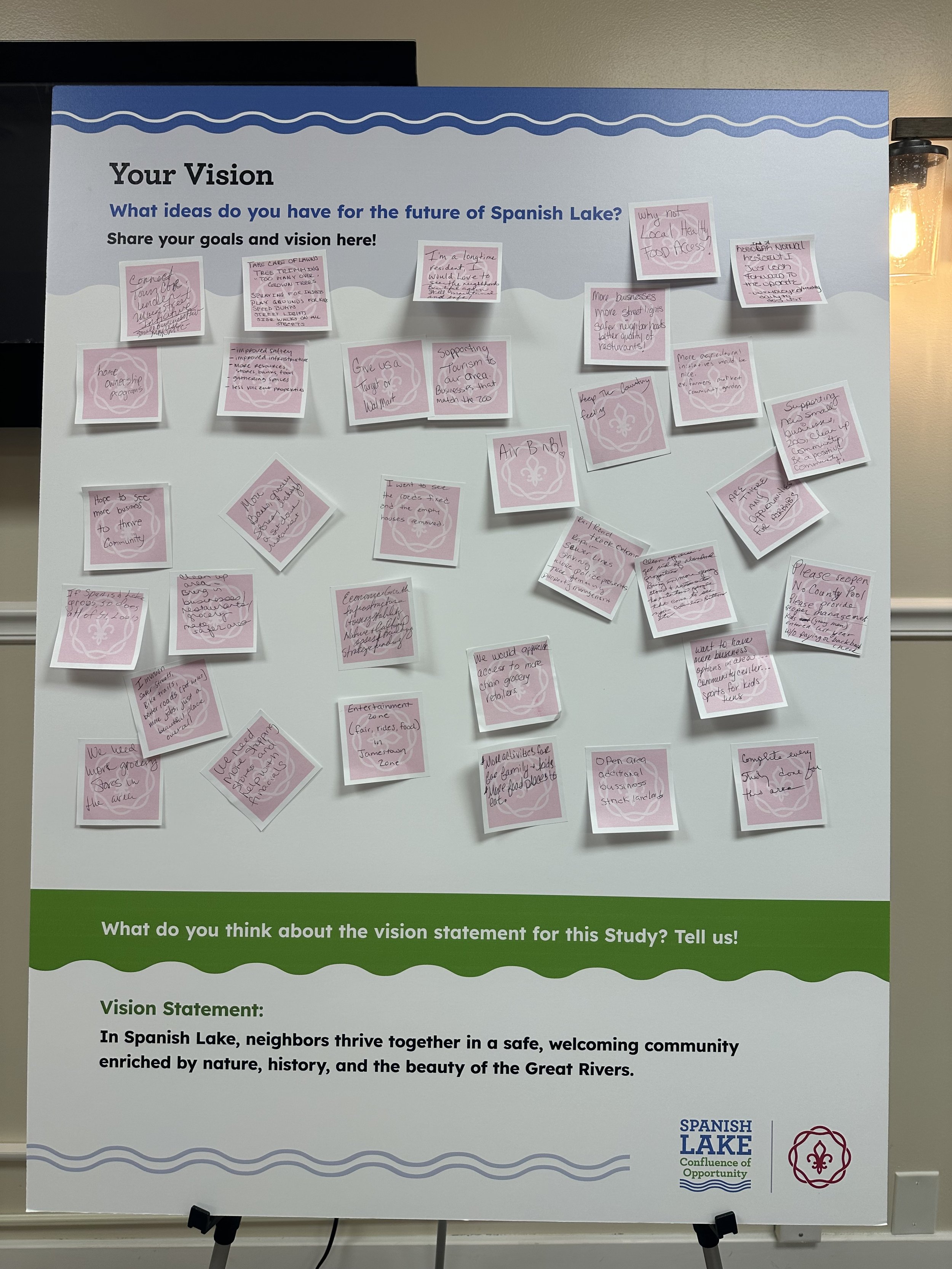 A display board from the first open house that reads "Your vision: what ideas do you have for the future of Spanish Lake?" The board has sticky notes with participants' ideas.