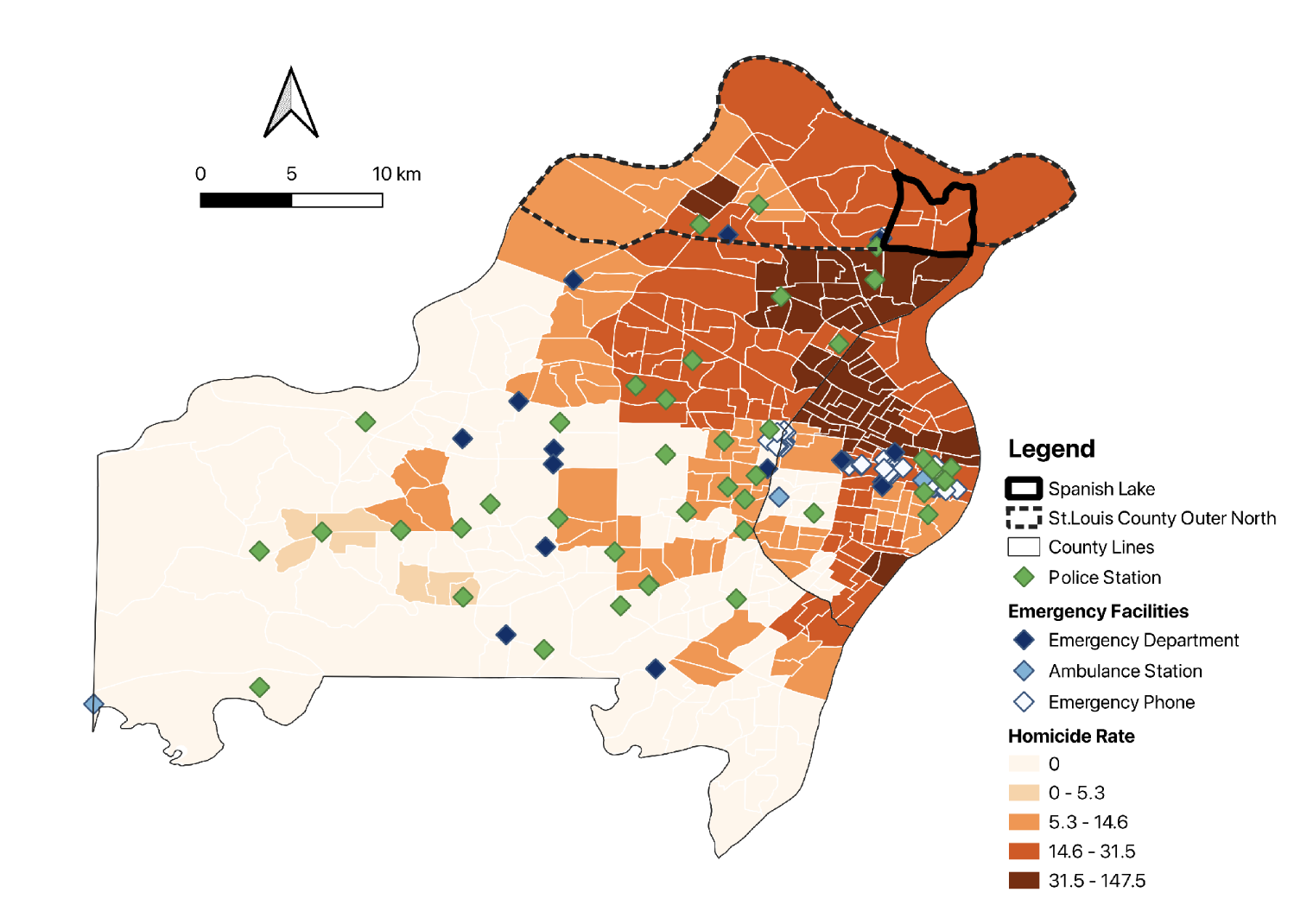 A map of Spanish Lake showing no emergency service stations in the area. The homicide rate ranges from 14.6-31.5.