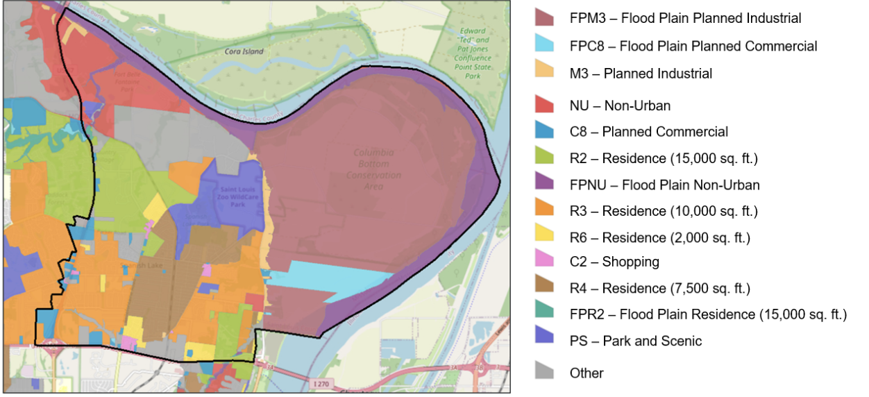 Spanish Lake zoning map showing a patchwork of residential, commercial, and undeveloped parcels divided by major roads.