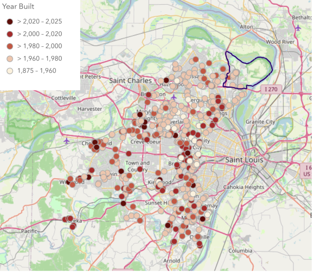 Map of St. Louis County multifamily rental development by construction vintage, showing little recent investment in Spanish Lake.